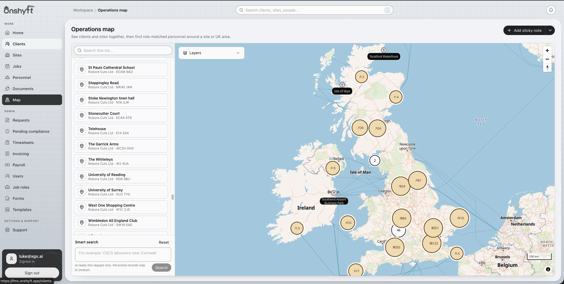 Onshyft operations map