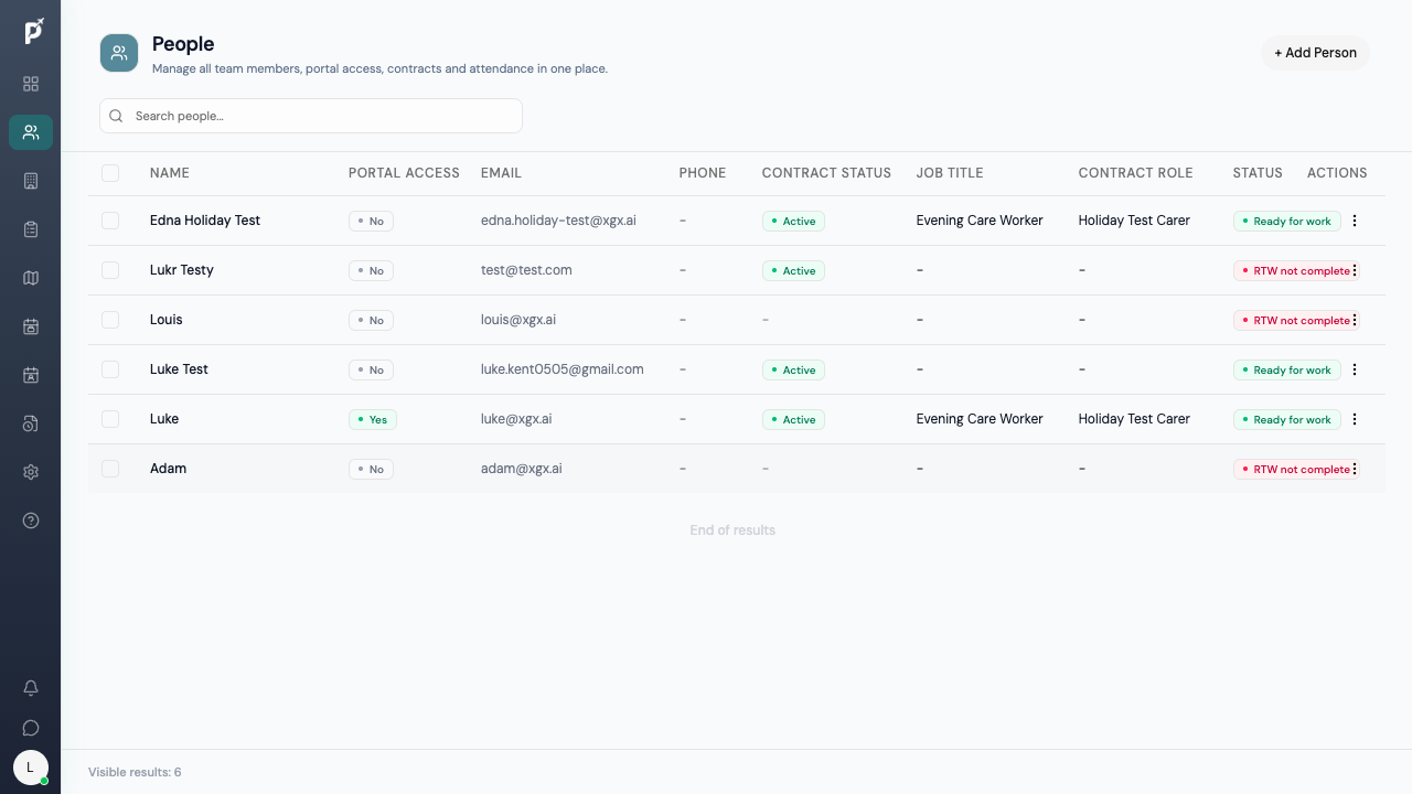 People Pilot people management screen
